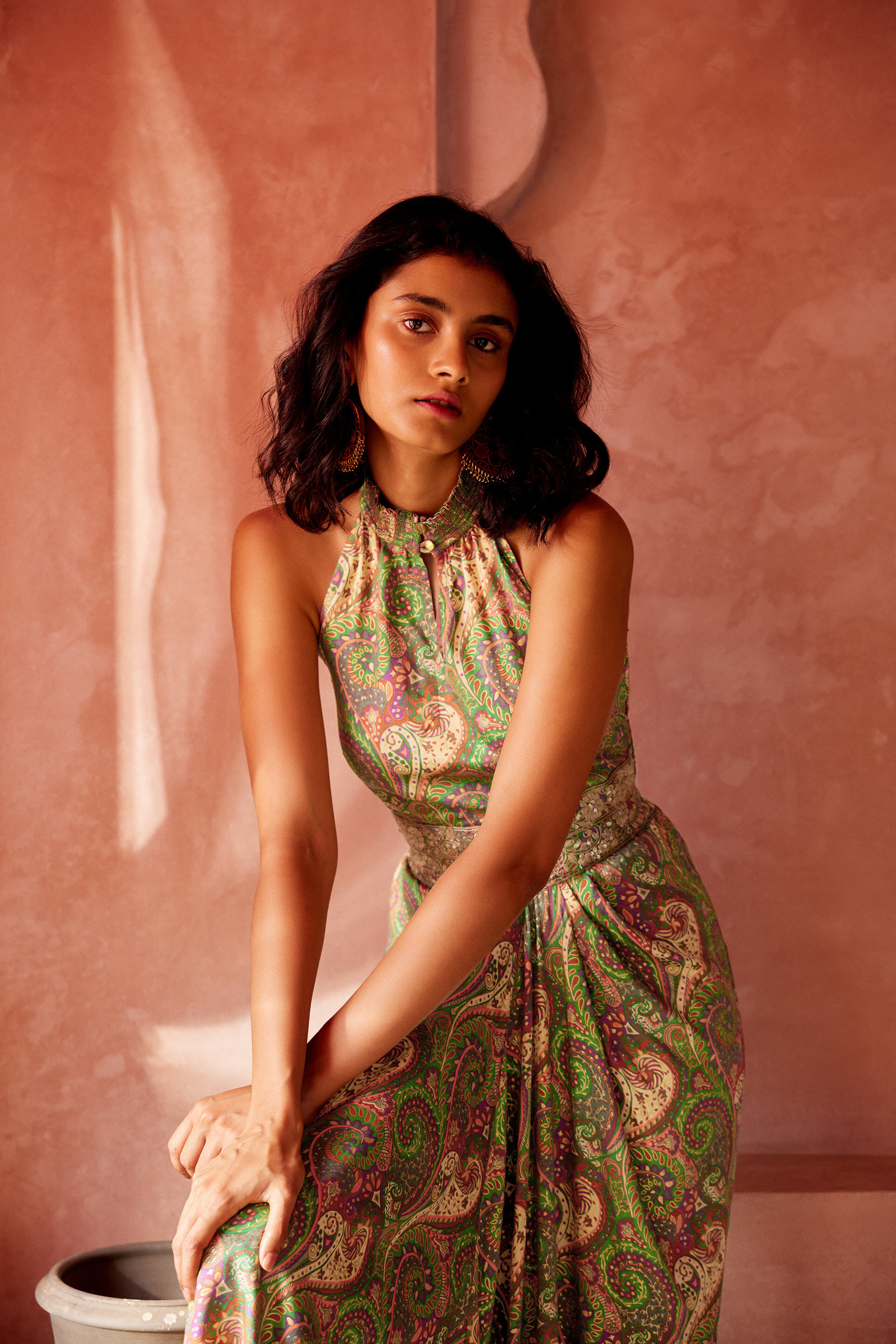 Green Motif Print Drape Skirt Set, Green, image 3